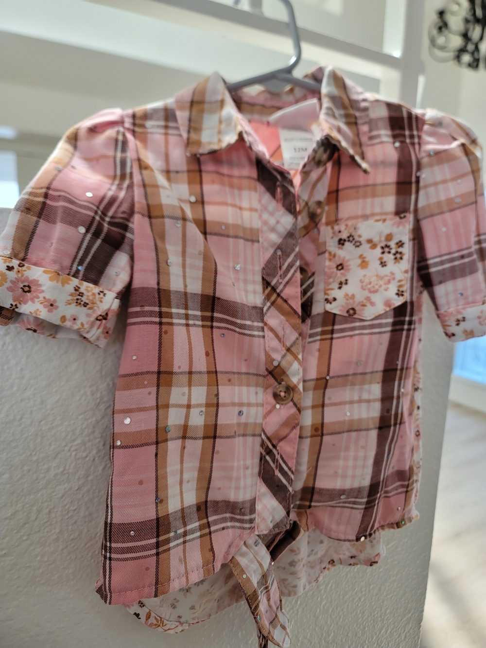 Little Lass Pink Plaid Button-Front Top with Floral Pocket